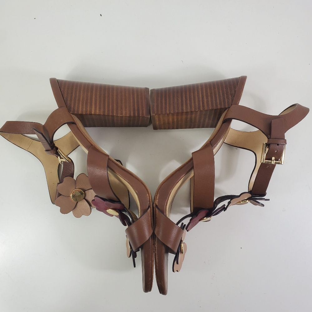 MICHAEL KORS Leather + Wood Flower Strappy Cage Heels / Sandals - Picture 10 of 16